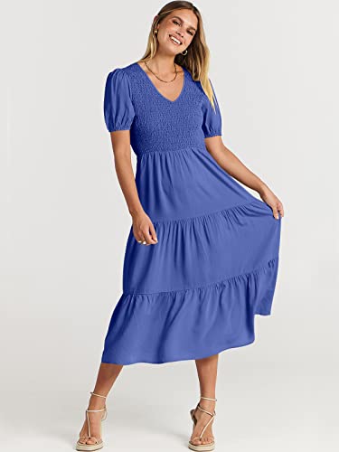 Anrabess Women's Summer Midi Dress Casual Short Sleeve Smocked Tiered Long Beach Sun Dresses With Pockets 524Baolan-M Blue #TOP1