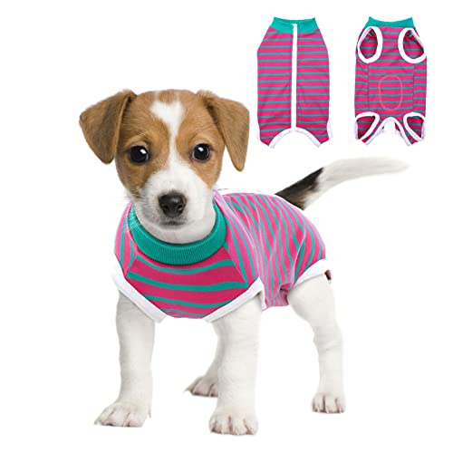 Image of BRKURLEG Small Dog Recovery Suit After Surgery, Abdominal Wound Protection, Back Zipper Spay Recovery Suit for Dogs & Cats, Soft Anti-Licking Puppy Onesie, Cone Alternative, Rose Red Stripes M