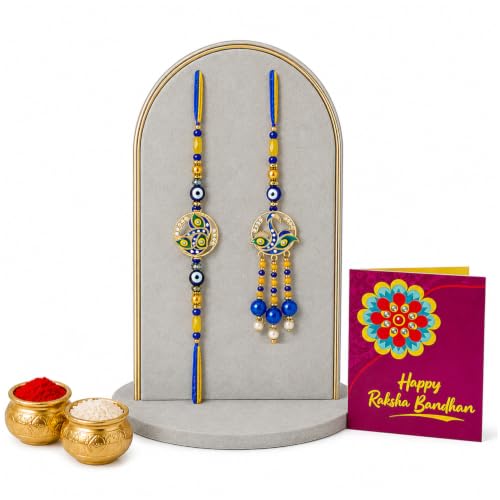 Image of Rakhi for Brother and Bhabhi With Roli Chawal Set and Greeting Card | rakhi set for brother and bhabhi |