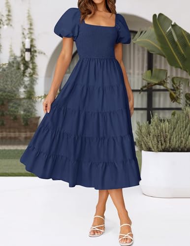 Image of ZESICA Women's 2026 Summer Puff Sleeve Midi Dress 2026 Boho Solid High Waist Flowy Beach Wedding Guest Long Dresses