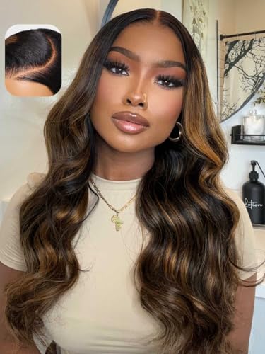 Image of Beauty Forever 7x5 Bye Bye Knots 2.0 Balayage Brown Highlight 3D Body Wave Lace Front Wig Put on and Go Glueless Drawstring Wigs with Pre-Bleached Pre Plucked Pre Cut HD Lace Wig 150% Density 20 Inch