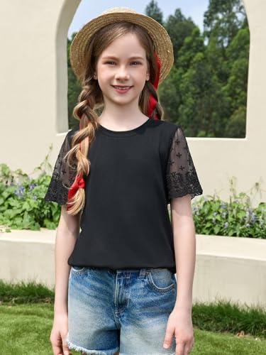 Image of Haloumoning Girls Lace Short Sleeve T Shirts Kids Summer Crewneck Tunic Tops Curved Hem 5-14 Years