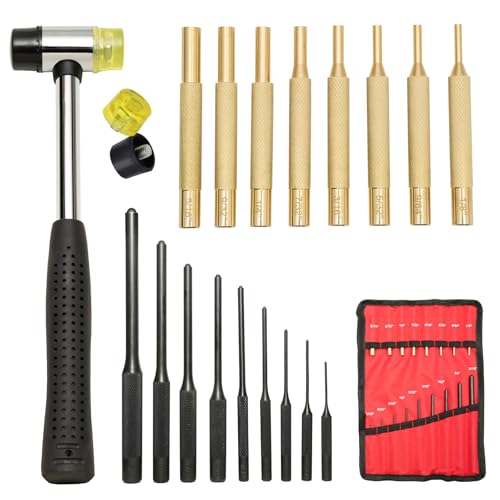 Pin Punch Set 20pcs Punch Removing Repair Tools Including Brass Pin Punches Steel Pin Punches with Storage Pouch&Hammer (Brass+Steel Pin Punches)