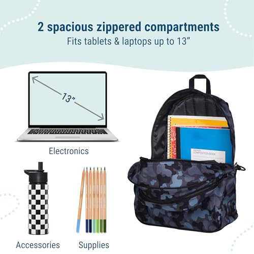 Image of Wildkin 15 Inch Backpack for Kids, Black Camo | Ages 5-10, padded straps, side water bottle pocket - coordinates with matching Wildkin lunch boxes and water bottles