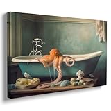 GUBIYU Octopus in The Bathtub Canvas Ocean Animal Prints Vintage Oil Painting Funny Bathroom Wall Art Octopus Wall Art Animal in Bathtub Artwork Pictures Whimsy Animal Art Dark Humor Posters 12'x16'