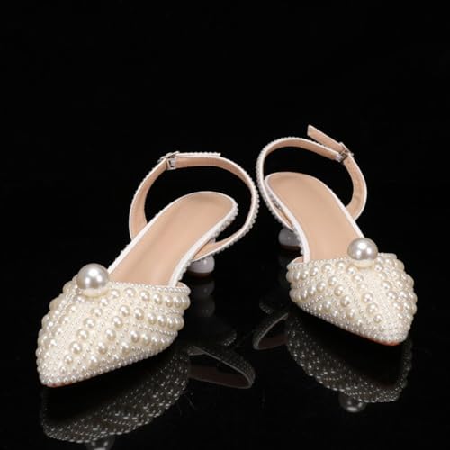 Goolita Full Pearl Kitten Heels for Women, Pointed Closed Toe Slingback Pumps Buckle Strap Rhinestone Bridal Shoes for Wedding4