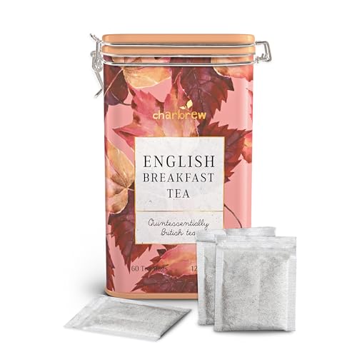 Charbrew Autumn Floral English Breakfast Tea Tin, 60 Teabags | Classic Black Tea Blend in Reusable Metal Decorative Tin