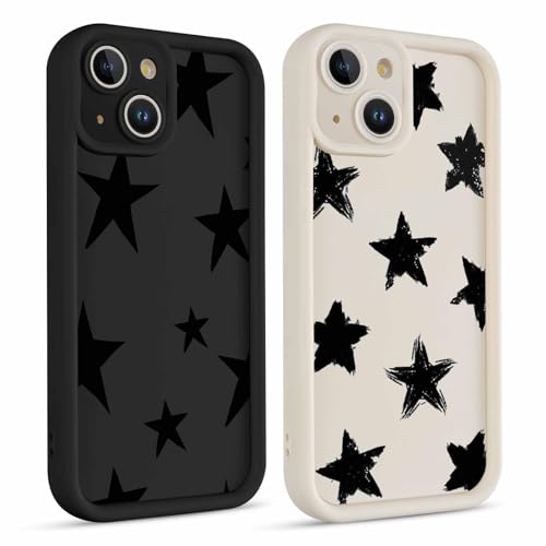 Coiwxmoi 2 Piezas Funda para iPhone 13, Silicona Carcasa con Aesthetic Lindo Estrella Star Dibujos Cover para Mujer Niñas, Antigolpes Bumper Cámara Protector Y2K Case para iPhone 13 6,1', Negro