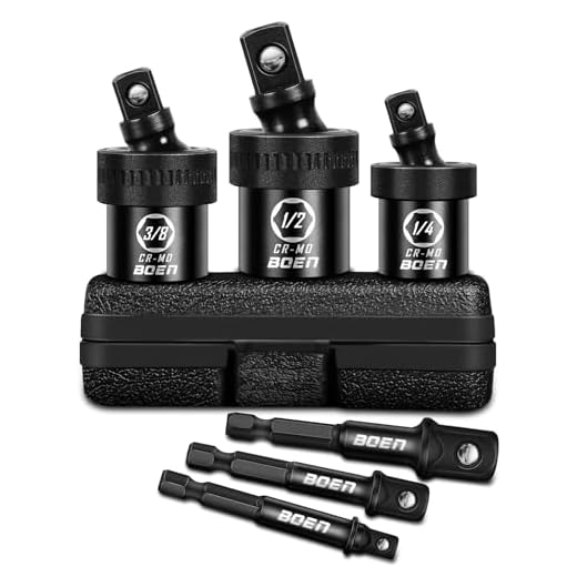 BOEN 6PCS Impact Universal Joint Sockets and Drill Adapters, 1/2" 1/4" 3/8" Drive Swivel Socket Set for Impact Wrench, CR-MO Steel Universal Joint Adapter Wobble with Storage Case