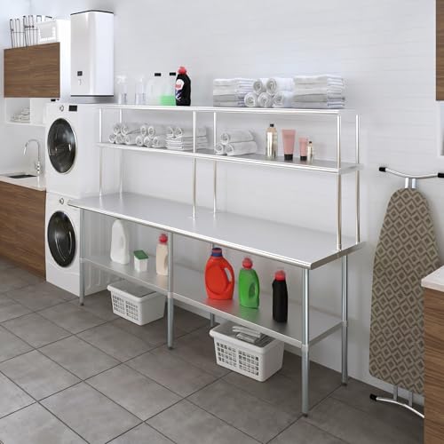 Image of AmGood Stainless Steel Work Table with 12 inch Wide Double Tier Overshelf | Metal Kitchen Prep Table & Shelving Combo | NSF (Stainless Steel Table with Double Overshelves, 96 inch Long x 24 inch Deep)