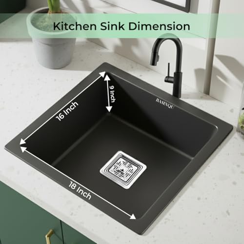 Image of BASINQU Quartz Sink for Kitchen | 18x16x9 Inches Black Single Bowl Kitchen Sink | Granite UV Protected, Granite Scratch Resistant, Undermount /Topmount