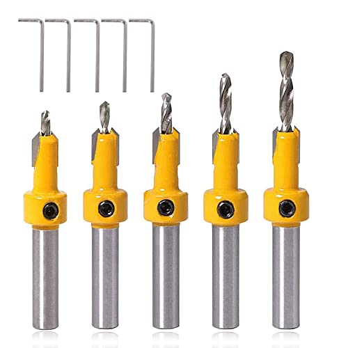 Mesee 5Pcs Foret Chanfrein à Bois de Tige 8mm Fraise à Chanfreiner, Foret d'Amorçage avec Clé Hexagonale, Ensemble Foret Fraisé avec Butée Jaune pour Trous de Perçage du Bois Plastique (2.8mm-4mm)