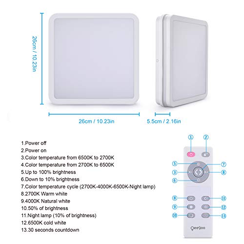 Oeegoo Led Ceiling Light With Remote Control 24W 2400Lm 2700K-6500K 10Inch Square Led Flush Mount Ceiling Lighting Fixture For Kitchen, Bedroom, Living Room, Utility Laundry Closet Room #TOP6