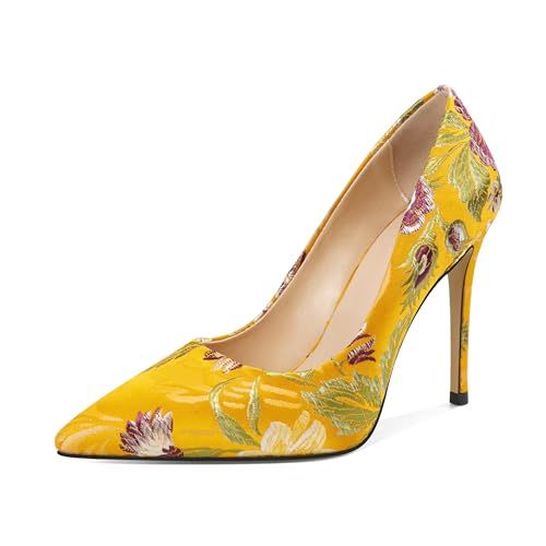 Image of Eldof Pumps High Heels for Women, Pointed Toe Slip On Stiletto Heels with Flower Embroidered Design, Perfect for Wedding Dress, Satin Yellow Heels 4 Inches US Size 9