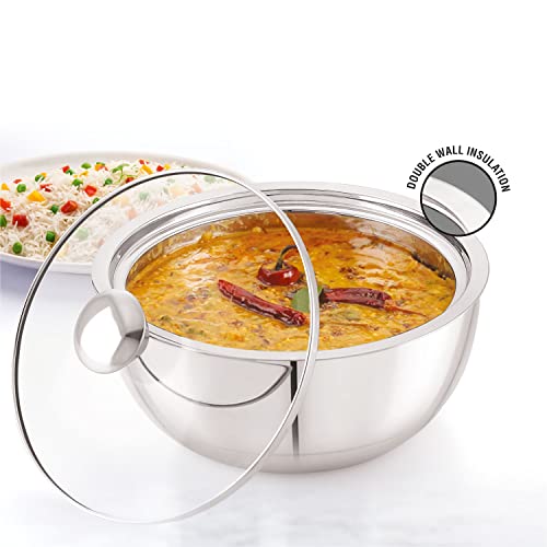 Image of ANJALI EPSB150 Stainless Steel Elite Pro Double Walled Insulated Serving Bowl with Glass Lid 1600 ml