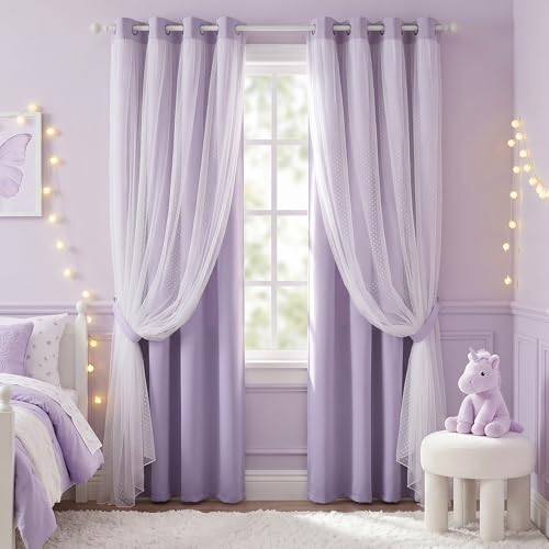 Image of MYSKY HOME Lilac Blackout Curtains for Girls,Lavender Purple 52x95,2 Panels | Blackout Curtains with Polka Dots Sheer Overlay, Grommet Room Darkening, for Nursery Kids Bedroom Living Room Decor