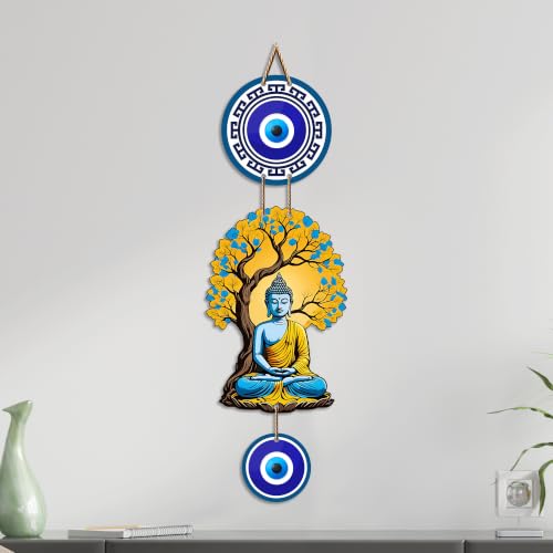 Image of Artvibes Buddha Under Bodhi Tree Wall Hanging with Evil Eye Protection Charm | Spiritual Meditation Decor for Peace | Harmony and Positive Energy | Wall Art for Living Room | Yoga Room (WH 8595N)