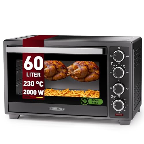 Heinrich´s Minibackofen mit Umluft 60L - Backofen klein mit Drehspieß, Airfryer-Einsatz inkl....