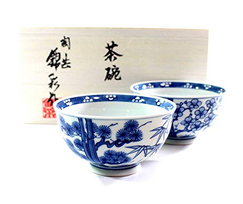 飯碗 桐箱入り|総手描き 古染付松竹梅絵ご飯茶碗ペアセット|伝統工芸 有田焼 陶芸作家 藤井錦彩