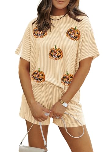 Image of MARZXIN Women 2 Piece Shorts Set 2026 Casual Summer Cruise Outfits Ribbed Loose Short Sleeve Pocket Matching Lounge Sets