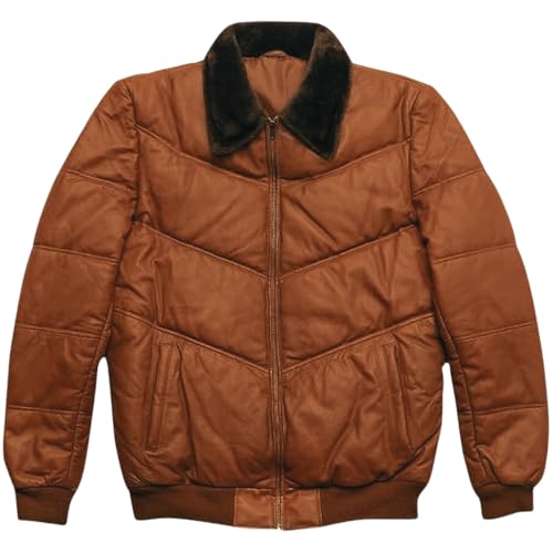 Image of F&F Classic Men's Premium Genuine Lambskin Aviator Style Puffer Fur Shearling Collar Leather Bomber Winter Fashion Jacket