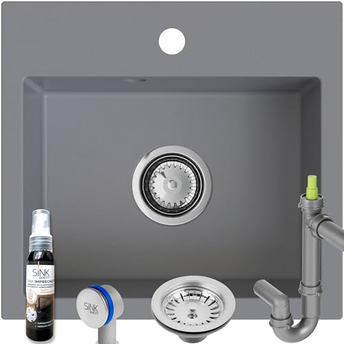 SINK Quality Évier de cuisine gris 45 × 42 cm - avec siphon et imprégnation - pour meuble bas à partir de 45 cm - Évier de cuisine 1 bac gris sans...