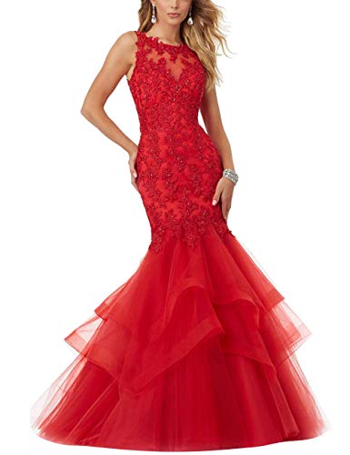 VKStar® Robe de Soirée Cocktail Femme pour Mariage Invité Longue sans Manche Robe Sirène Trompette Femme Cérémonie Tulle et Dentelle Rouge Taille Personnalisée