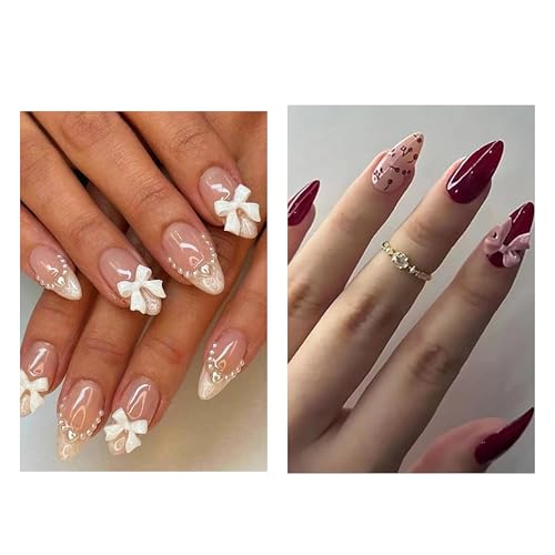 GHER Short Almond Press on Nails Red Fake Nails with 3D Bow Flower Designs Fake Nails for Women Fantasy Acrylic Manicure stick on nail for Wedding Pressons Nails Gel Classy False NailsGHER 48pcs Medium Almond Press On Nails with Bow, Nude, Pearls and Bow