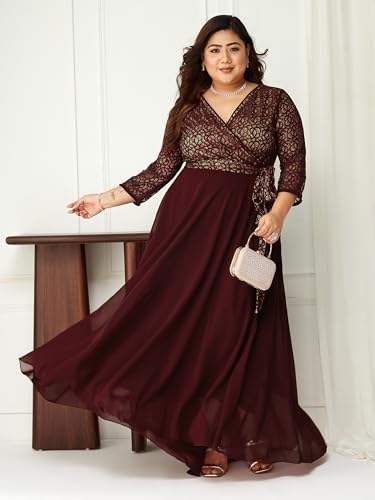 Image of Miss Chase A+ Women's Floral Printed Relaxed Fit V -Neck 3 /4Th Sleeve Georgette Maxi Dress