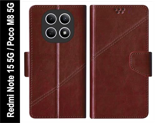 Image of SBMS Flip Cover for Redmi Note 15 5G Poco M8 5G Back Cover Case with Magnatic Closure | Genuine Leather Finish | Inbuilt Stand | Card & Money Pocket | Wallet Style Flip Back Case Cover (Coffe Brown)