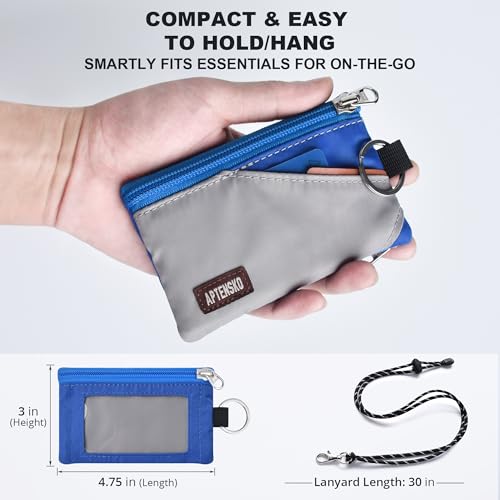 Image of RFID Blocking Travel Wallet with Adjustable Lanyard, Small Nylon Zipper Pouch and Badge Holder for ID, Credit Cards, Cash, Keys, Commuters (Grey+Blue)
