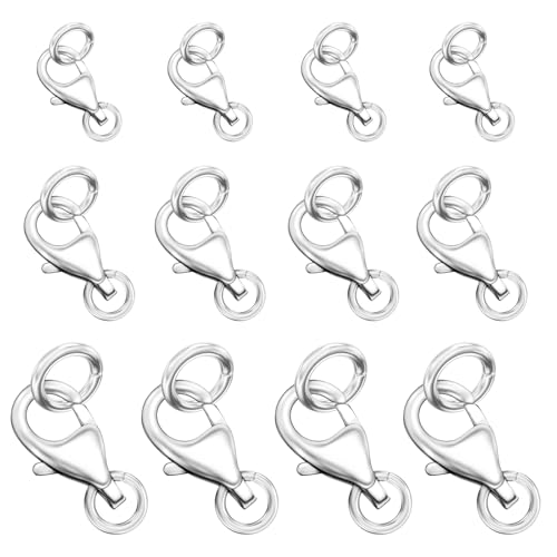 OHINGLT Lobster Claw Clasp with Closed Jump Rings Necklace Clasps and Closures Suitable for Jewelry Making Necklaces Bracelet (12PCS Silver (8+9+11) MM/(0.32+0.35+0.41) in)