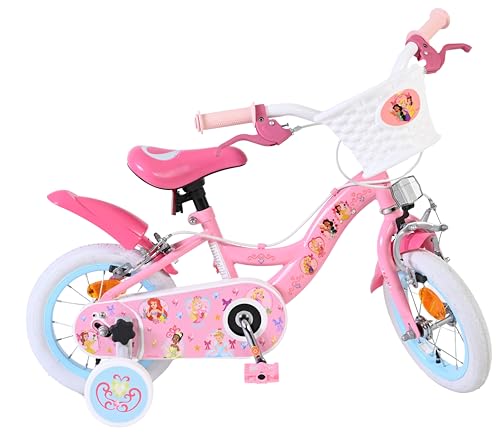 Volare Disney Princess Pink Kids Bike | Ideal for Ages 3-5 | 12 Inch Wheel | 2 Handbrakes (Front & Back Wheel), Removable Stabilisers, Chain Guard & Pedal Reflectors | Adjustable Saddle Height