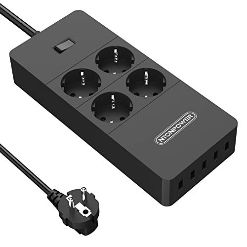 Steckdosenleiste, 4000W 16A, NTONPOWER 4 Fach Mehrfachsteckdosen mit 5USB, 1700J Überspannungsschutz und Blitzschutz, 1,5 m dickes kupfernetzkabe,