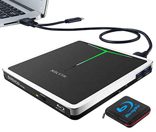 External Blu Ray Drive,NOLYTH USB 3.0 Bluray Burner Portable Blu-ray Writer USB-C External DVD Blu Ray Drive Blu Ray DVD Player for Laptop Mac PC Windows 11 with SD/TF & USB