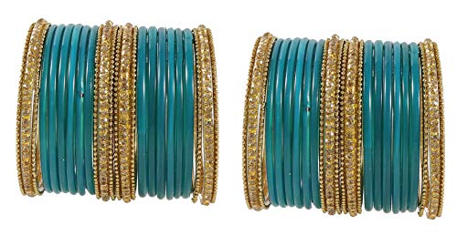 Image of NMII Glass With Zircon Gemstone Studded Worked and Ball Chain Or Plane Gloosy Finished Bangles Set For Women and Girls