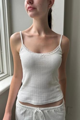 Cioatin Women Cute Y2K Lace Trim Bow Pointelle Knit Crop Cami Tank Sleeveless Slim Fit Minimalist Summer Going Out Tops Girls2