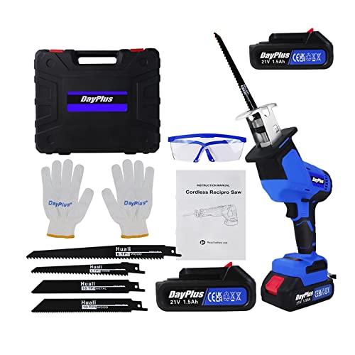 21V Akku Säbelsäge mit 2x 1500mah Akkus, 3000 U/min, 4 Sägeblätter für Holz, Metall, PVC, Werkzeugloser Blättwechsel, mit Akku und Ladegerät