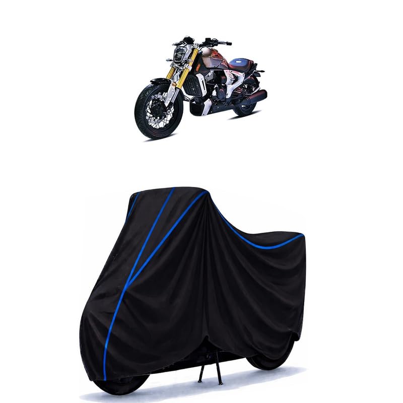 Image of TVS Zeppelin Cruiser Bike Cover Water Resistant Universal Motorcycle Rain | Heavy Duty UV Protection, Dust, Scratch Indoor Outdoor All Weather with Black Blue Piping Elastic