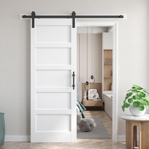 Image of Fredbeck 32inx80in White Barn Door and 5.5FT Sliding Barn Door Hardware Kit Included,Solid,MDF, PVC Surface,DIY Assembly,5-Panel,Fit 29in-31in Opening
