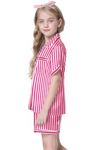Image of Schbbbta Girls Womens Pajamas, Satin Silky Pjs Set Kids 2Pcs Button-Down Nightwear Sleepwear Gift for Mommy and me