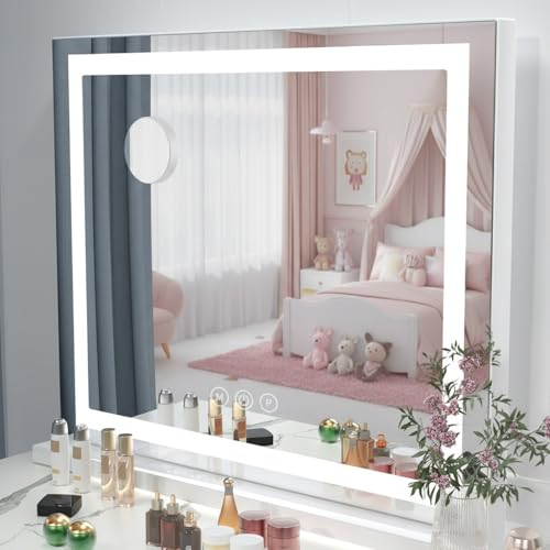 Oyajia Vanity Mirror, Dressing Table Mirror with Lights, Bluetooth Music Mirror, 58 x 48cm Light Up Make Up Vanity Mirror with Smart Touch 3 Colors Dimmable, Dressing Table,USB Charging Port, White