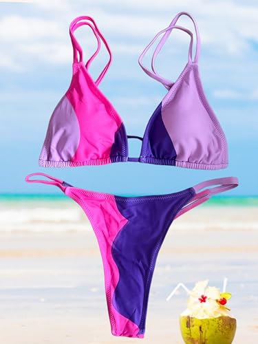 Image of Women's Sexy Thong Bottom Two Piece Bikini Double Shoulder Straps Cute Swimsuit Triangle Bathing Suit