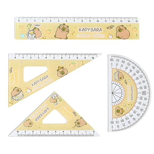 4 piezas de escuadra y cartabon de dibujos animados, transparentes regla, regla capibara, aptas para primaria, secundaria y oficina (20 cm).