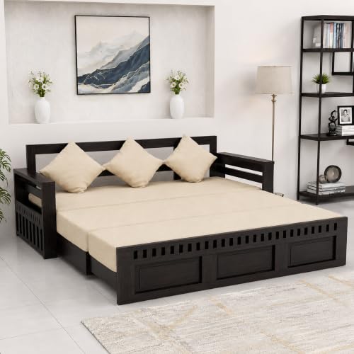 Image of SONA ART & CRAFTS Kuber Sheesham Wood Sofa Cum Bed 3 Seater with Storage and Side Pockets for Living Room Organizer Furniture Sofa Bed Home, Bedroom (Walnut Finish)