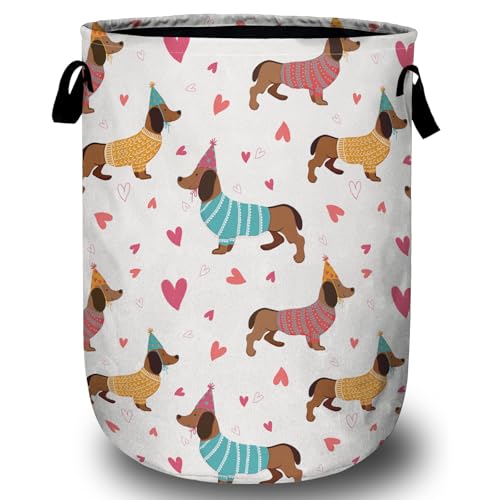 Cute Dachshund Laundry Basket, Dog Lover Heart Laundry Hamper Tote Bag Dirty Clothes Storage Bucket Toy Organizer for Bathroom/Laundry/Bedroom 15.7