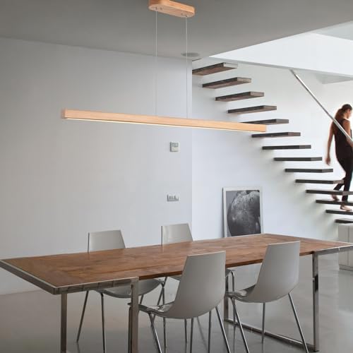 Image of 71 inch Wooden Linear Pendant Light LED Pendant Lights Dimmable Pool Table Island Lights Modern Linear Chandeliers for Dining Room Kitchen Ceiling Pendant Lamp for Kitchen Island Billiard Room Natural