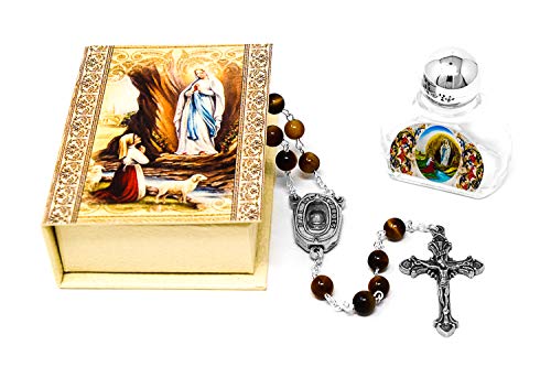 Lourdes Water Gift Set, Tiger Eye Rosary Beads, with Lourdes Water Junction Medal, Apparition Rosary Box