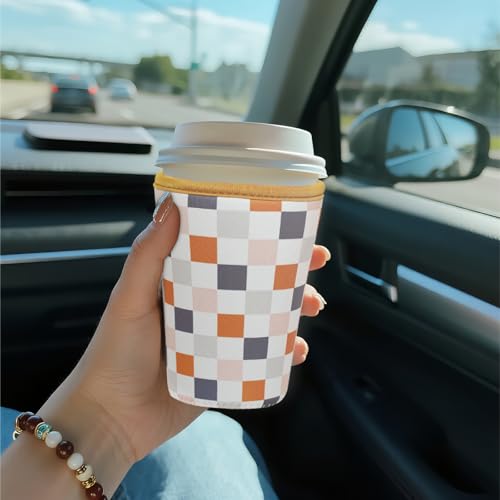 Image of Reusable Insulated Sleeve for Iced Coffee Cup, Coffee Neoprene Sleeve for Cold & Hot Drinks, Beverage Holder for Iced Coffee (Muted Grid, Small: 16-18oz)
