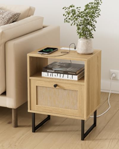 Image of Rattan Nightstand with Charging Station, Boho Night Stand Farmhouse Wood Bedside Table with Storage and Open Shelf, End Side Accent Table for Bedroom,Living Room,Oak
